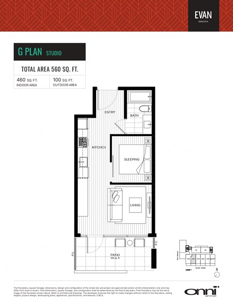 Floor plan for 1 bed, 1 bath, 460 sqft